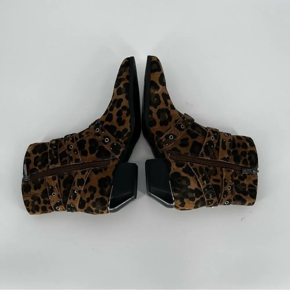 Kenneth Cole Cheyenne Stud Leaopard Suede Ankle booties brown black - 9